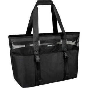 Women's Black with Front Buckles Mesh Beach Tote Waterproof Sandproof Beach Bag